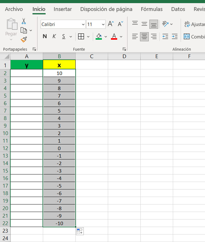 Excel to graph a quadratic function - entering values for x in the table