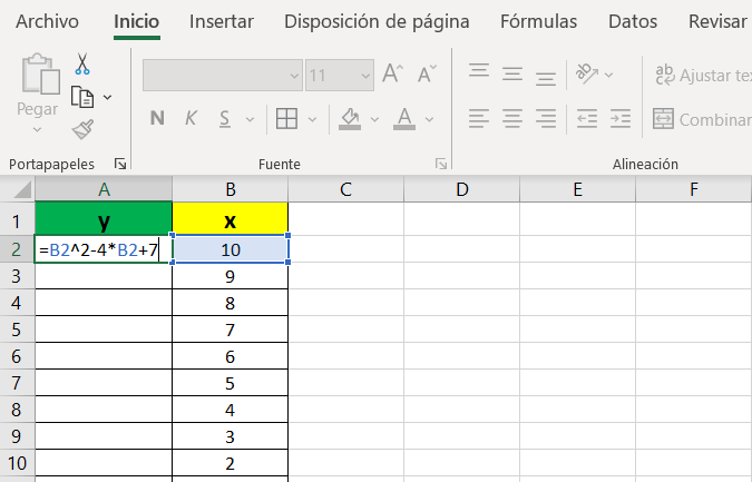 Entering the quadratic function into the Excel cell. Graphing Quadratic Functions